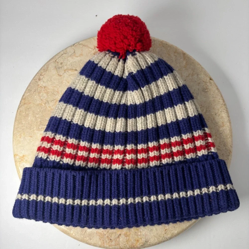 Vintage L.L. Bean Beanie OSFA Blue Striped 100% Lambswool‎ Pom Pom Winter Hat